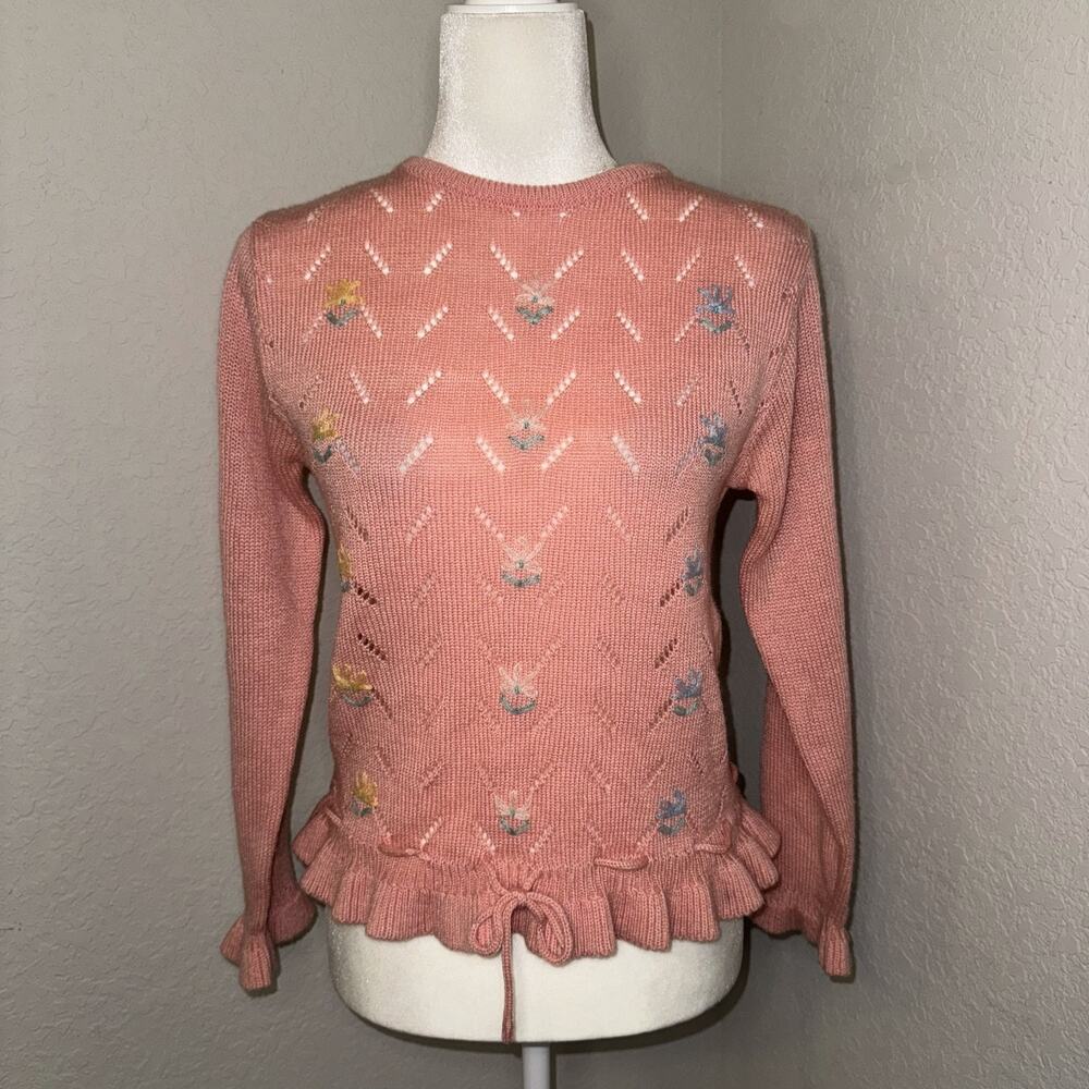 VTG Berries Sweater Women's Largeโ Pink Floral Embroidered Acrylic Peplum Hem